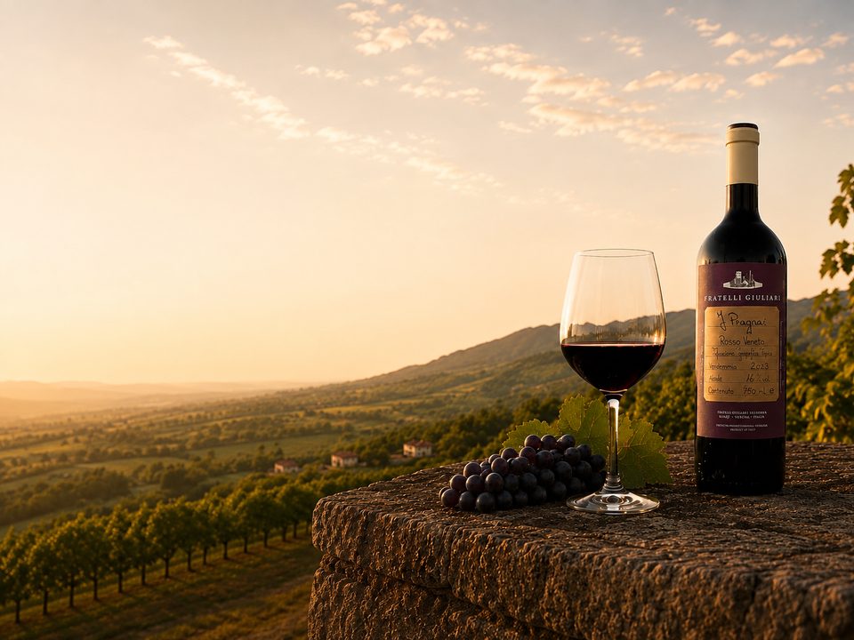 Weinberg im Abendlicht mit Flasche, Glas und Trauben